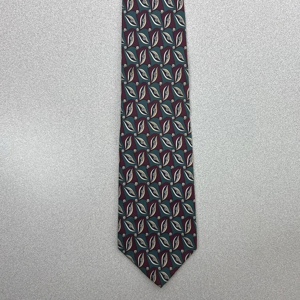 Brooks‎ Brothers Men's Tie 100% Silk Green Burgundy Geometric Made in USA